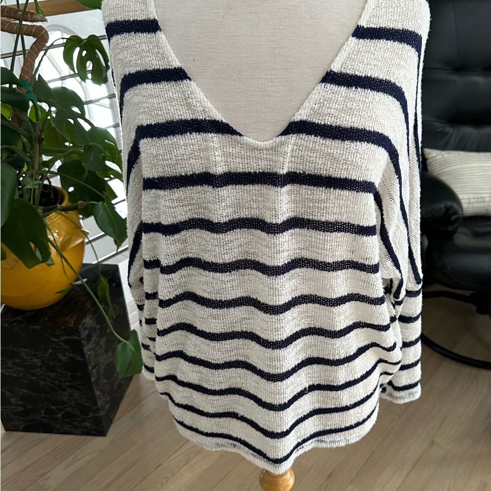 Striped V-Neck Lightweight Sweater - Navy & Cream